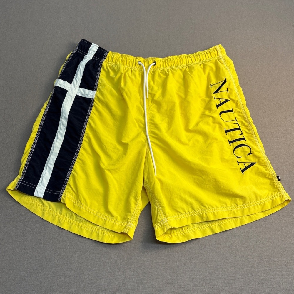 Nautica Mens Yellow Graphic Logo Swim Trunks Mesh Lined Shorts Size XXL